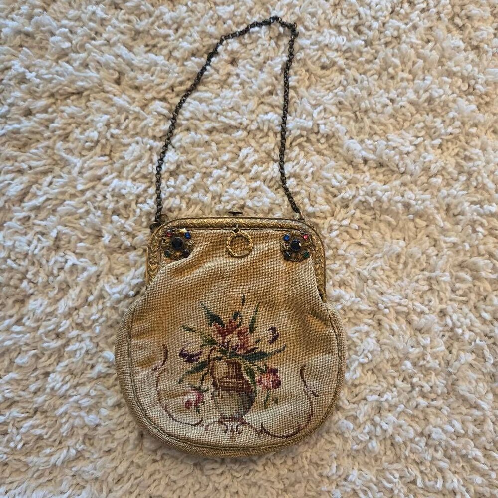 Vintage Floral Needlepoint Handbag Metal Frame Chain Rhinestone Accent & Mirror